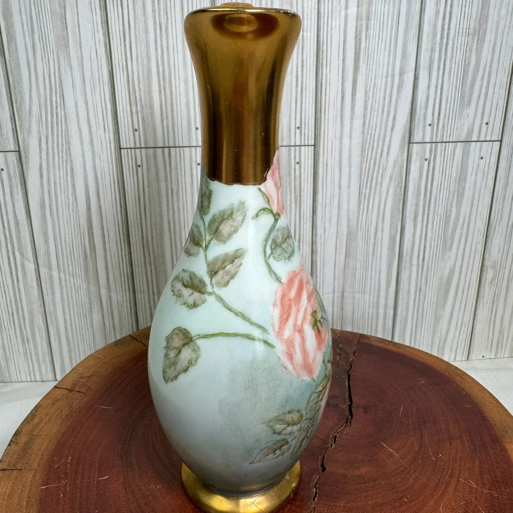 Vtg 1975 A.C. Perry Hand Painted Porcelain Rose Ewer Pitcher Bud Vase Gold Trim